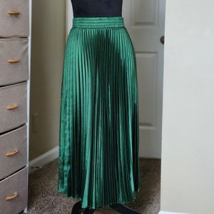 Midi A-Line Pleated Forest Green Skirt, Size S, Modest